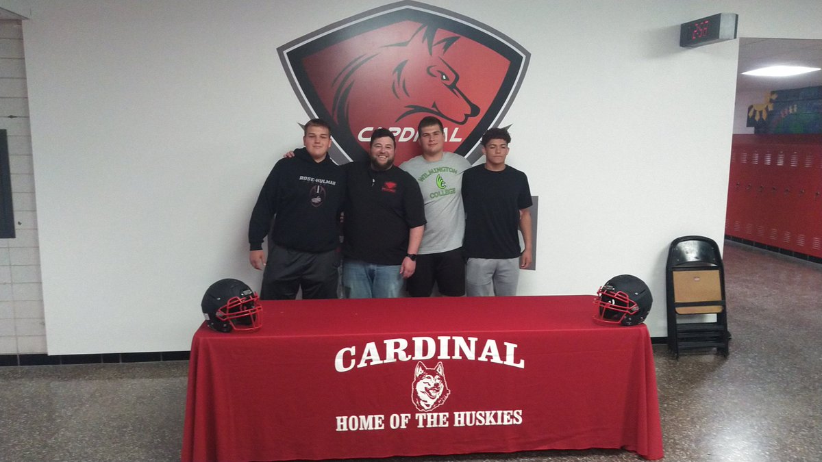 cardinalhuskies's tweet photo. Congratulations to John Avalon (Rose Hullman- football), Mike Soltis (Wilmington- T&amp;F), Chase Simak (Lake Erie- football) for signing their NLI today! https://t.co/skK4xIKhTf