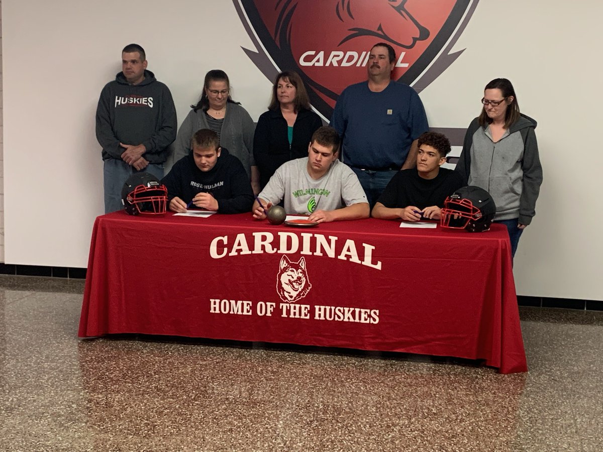cardinalhuskies's tweet photo. Congratulations to John Avalon (Rose Hullman- football), Mike Soltis (Wilmington- T&amp;F), Chase Simak (Lake Erie- football) for signing their NLI today! https://t.co/skK4xIKhTf