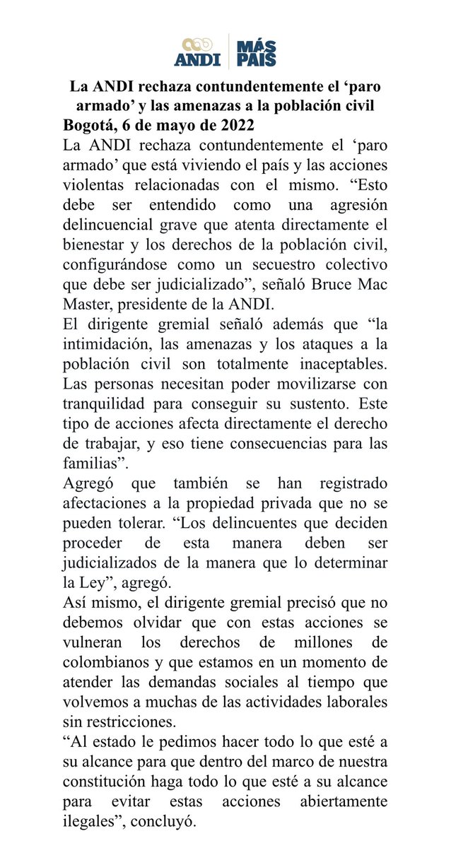 BruceMacMaster's tweet photo. Comunicado de la @ANDI_Colombia en el cual reiteramos nuestro firme rechazo a los actos terroristas del autodenominado “paro armado”, haciendo un llamado a todas las fuerzas del estado a usar todos los medios constitucionales para detener y judicializar a sus autores https://t.co/58cslcFwew