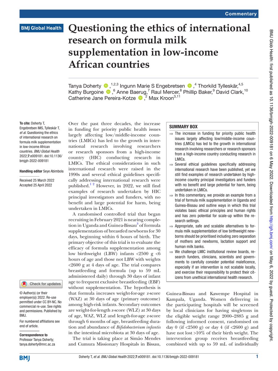 Ṣẹ̀yẹ Abímbọ́lá (@seyeabimbola) on Twitter photo Please read this new article in <a href="/GlobalHealthBMJ/">BMJ Global Health</a>
Questioning the ethics of international research on formula milk supplementation in low-income African countries
gh.bmj.com/content/7/5/e0…
/we challenge LMIC actors to protect their citizens from unethical international research/ Please read this new article in <a href="/GlobalHealthBMJ/">BMJ Global Health</a>
Questioning the ethics of international research on formula milk supplementation in low-income African countries
gh.bmj.com/content/7/5/e0…
/we challenge LMIC actors to protect their citizens from unethical international research/