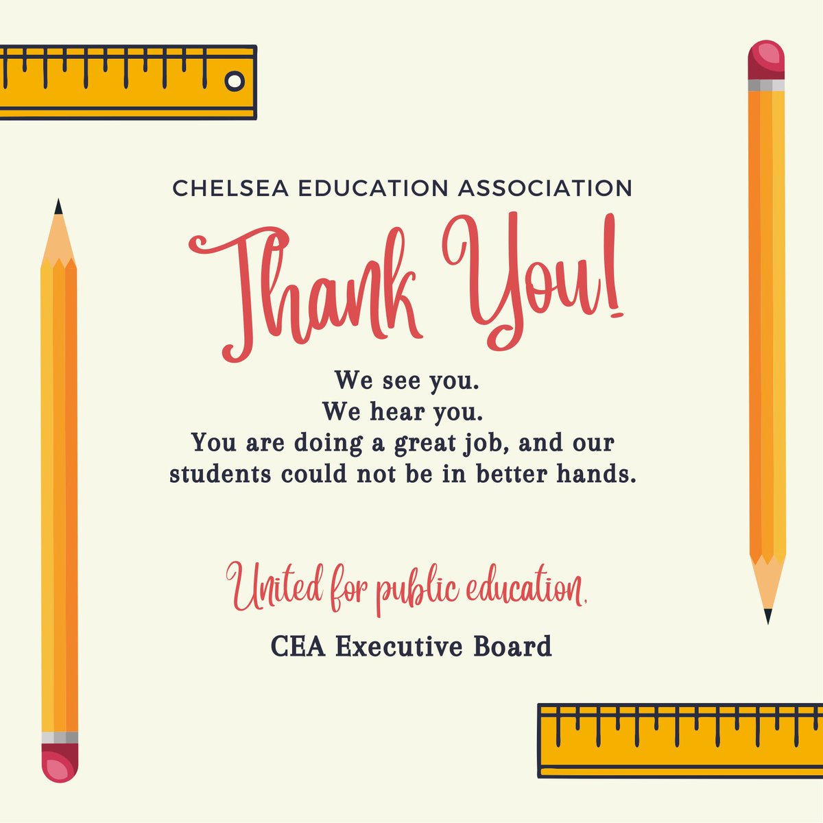 CEA_48118's tweet photo. Staff- your heart, your professionalism, your expertise, your collaboration and your energy make the world a better place for Chelsea students each and every day! https://t.co/e2nt3SVtwY