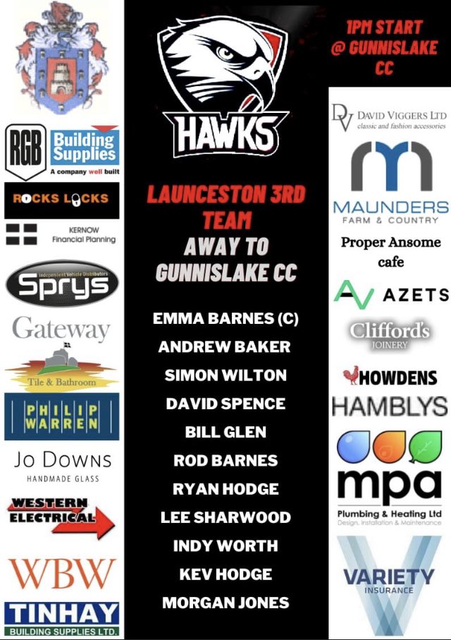 Teams for Saturday….
