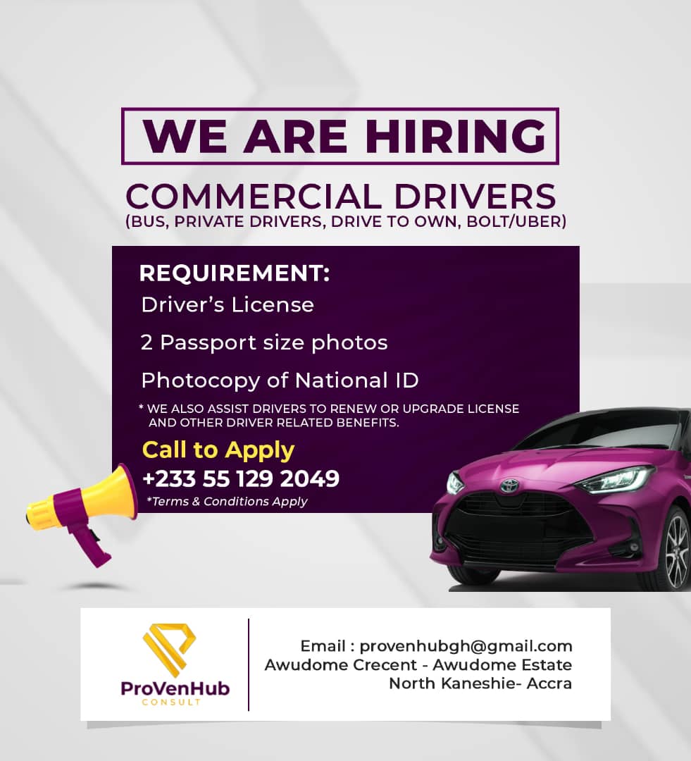 ProVenHub_gh's tweet photo. We're hiring a bolt/uber driver and a bus driver. Contact 0551292049 for more details https://t.co/0Ujwz2YKMU