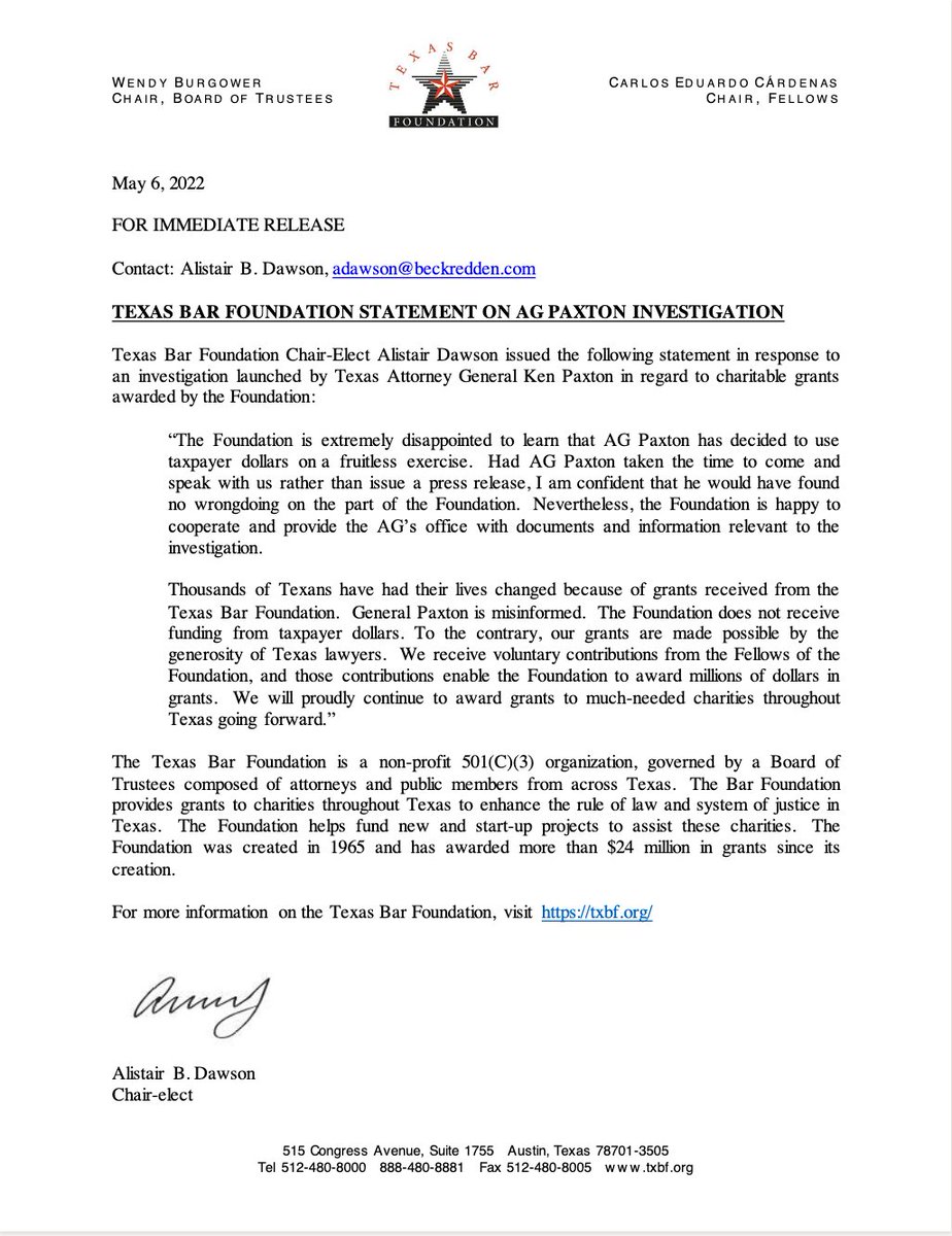statebaroftexas's tweet photo. The Texas Bar Foundation (@txbforg) has released the following statement on Attorney General Paxton's investigation. https://t.co/6FlEHZzGvb