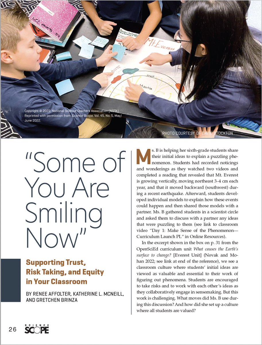 ReneeAffolter's tweet photo. "If we want to support an equity vision of science instruction, then we need to start to shift who and what are valued in the classroom." Loved thinking with @gretchenmilary and @KateMcNeill6 about strategies and approaches to support these shifts! @openscied @NSTA Science Scope https://t.co/TxdsZdDPFG
