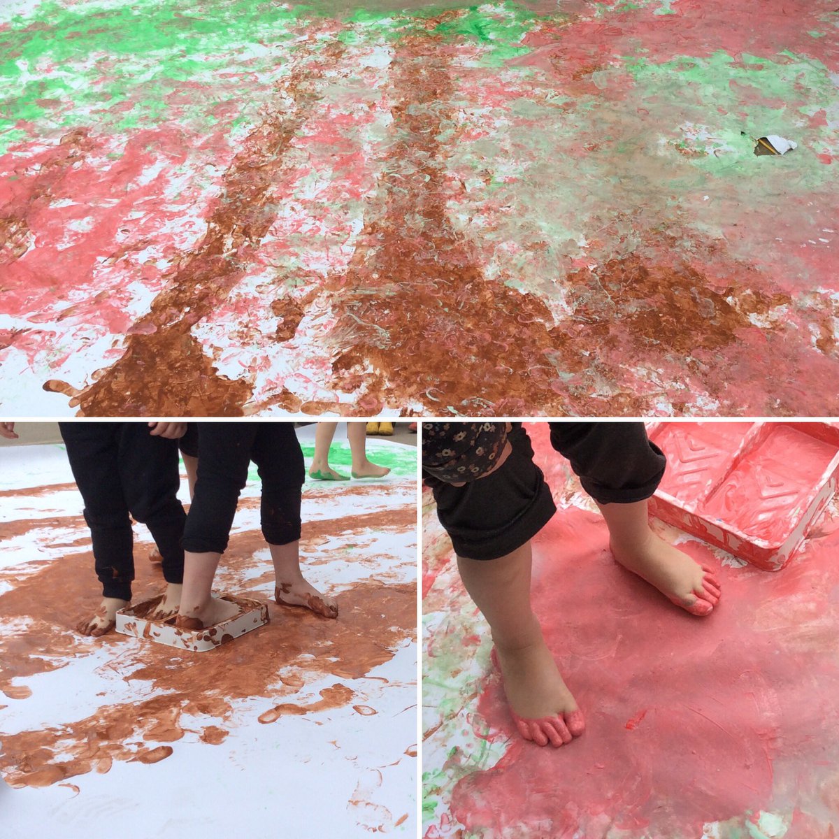 olasjfoundation's tweet photo. If any parent is wondering why their child’s feet had paint on, this is why. We apologise if we caused an additional bath night. If you squint, we think our painting represents spring?! 😉🌲🌸 #outdoornursery #forestschoolnursery #earlyyearsideas #eyfsideas #olasjprimary https://t.co/u3YS1mX5AU
