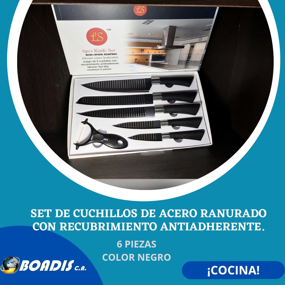 boadisca's tweet photo. Tenemos este súper Set de cuchillos de acero ranurado con recubrimiento antiadherente, son inoxidables, consta de 6 piezas de color negro.
.
¡Regálale a Mamá!
.
#cuchillos #cocina #disponibilidadinmediata #somosdistribuidores #pzo #venezuela https://t.co/mbVS6b82D8