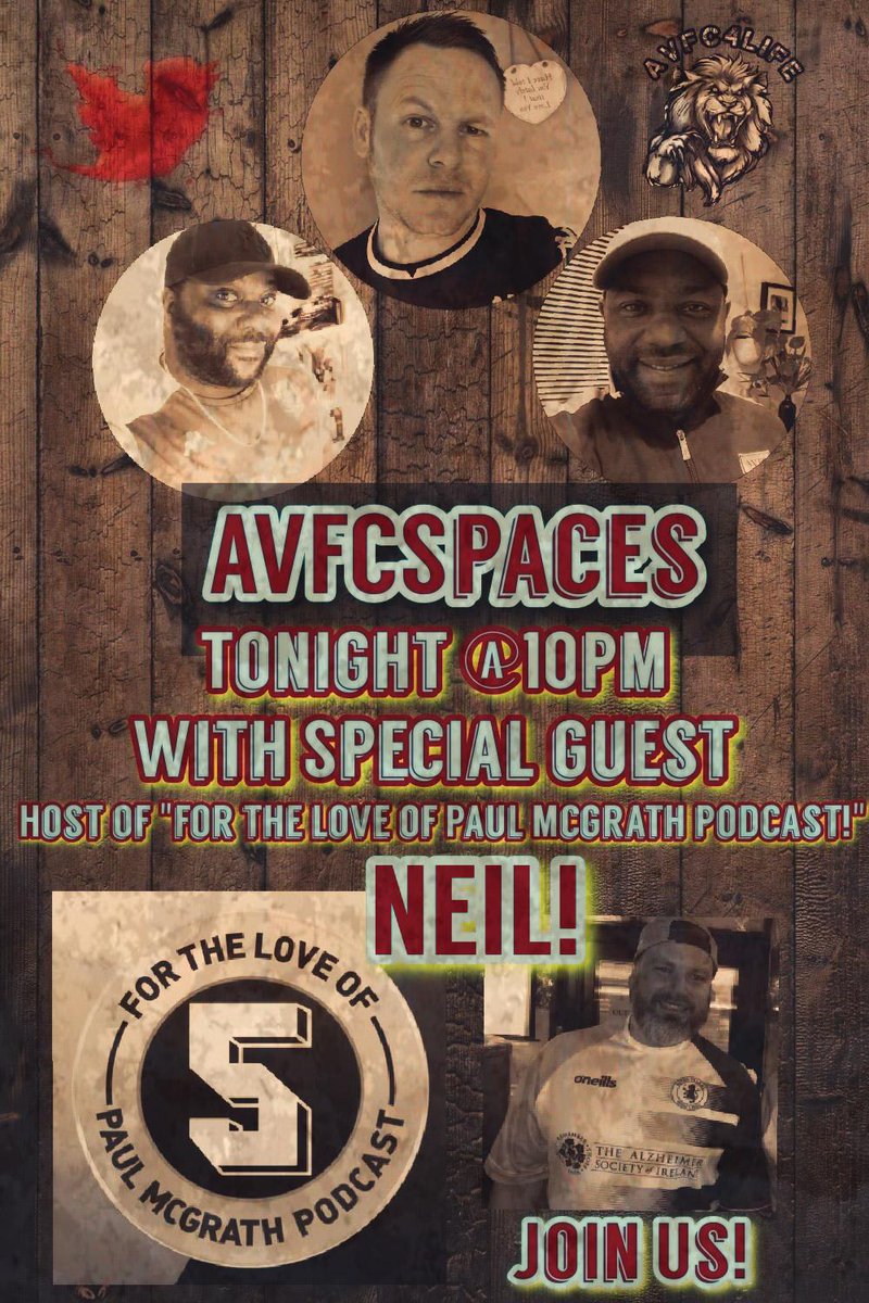 ALife1874's tweet photo. Join me, @iamivank & possibly @Cuban_Knight for some #AVFCSpaces
We have a special guest tonight, host of "For The Love Of Paul Mcgrath Podcast"..... NEIL! ๐ฎ๐ช
@LoveMcGrathpod
Let's talk about all things Aston Villa! ๐ฆ
#BURAVL #AVFC #UTV #AstonVilla #JoinUs #FridayFeeling https://t.co/1Aqs6GdcVG