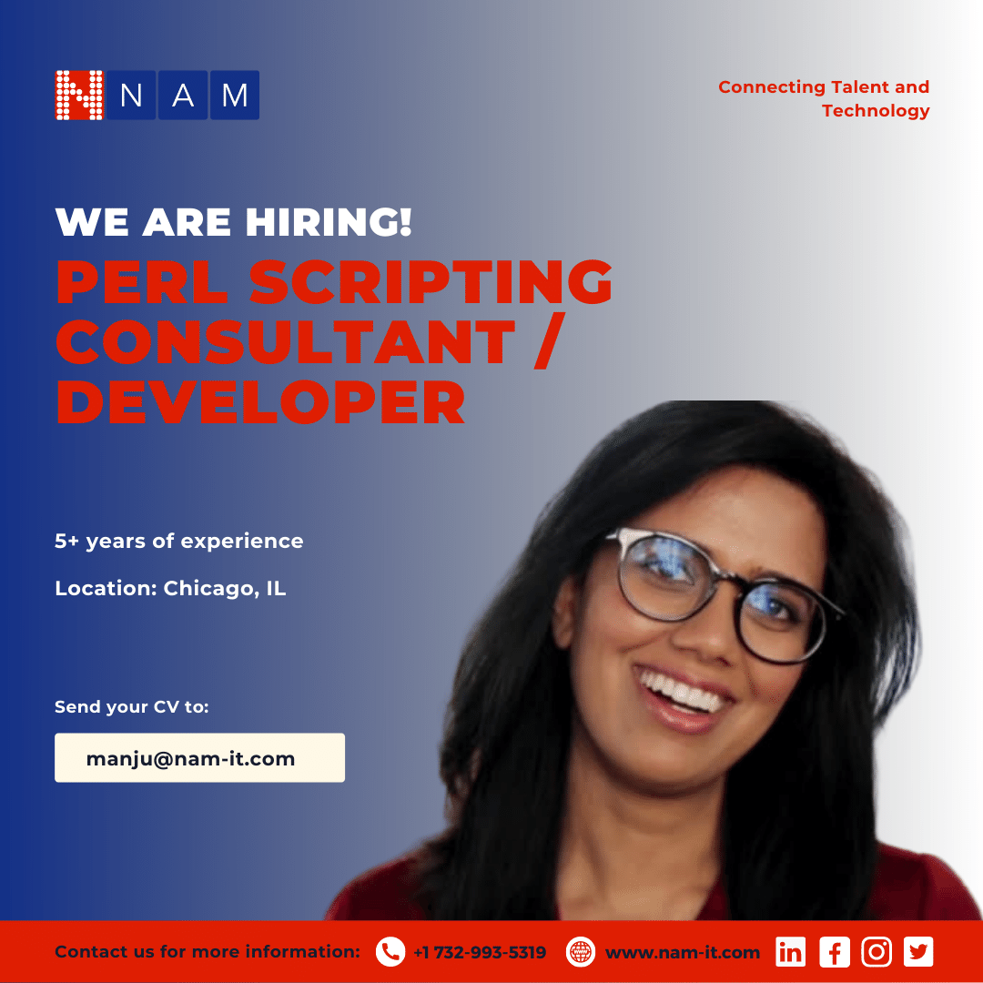 NAMINFO's tweet image. We are hiring #PerlScripting Consultant / #PerlDeveloper
Loc : Chicago IL ( Remote Initially)
Dur : Longterm Contract
Skills:
Min 6+Yrs of exp is required
Should be hands-on with Perl Scripting.
Excellent Comm & Tech skills
#perl #scripting #developerjobs #chicagojobs
