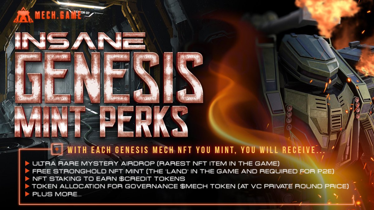 Check out all the goodies you get when you mint a MECH.GAME Genesis NFT

Mint coming up May 12th!

Join The discord and get WL: discord.gg/s5AvrdnveC