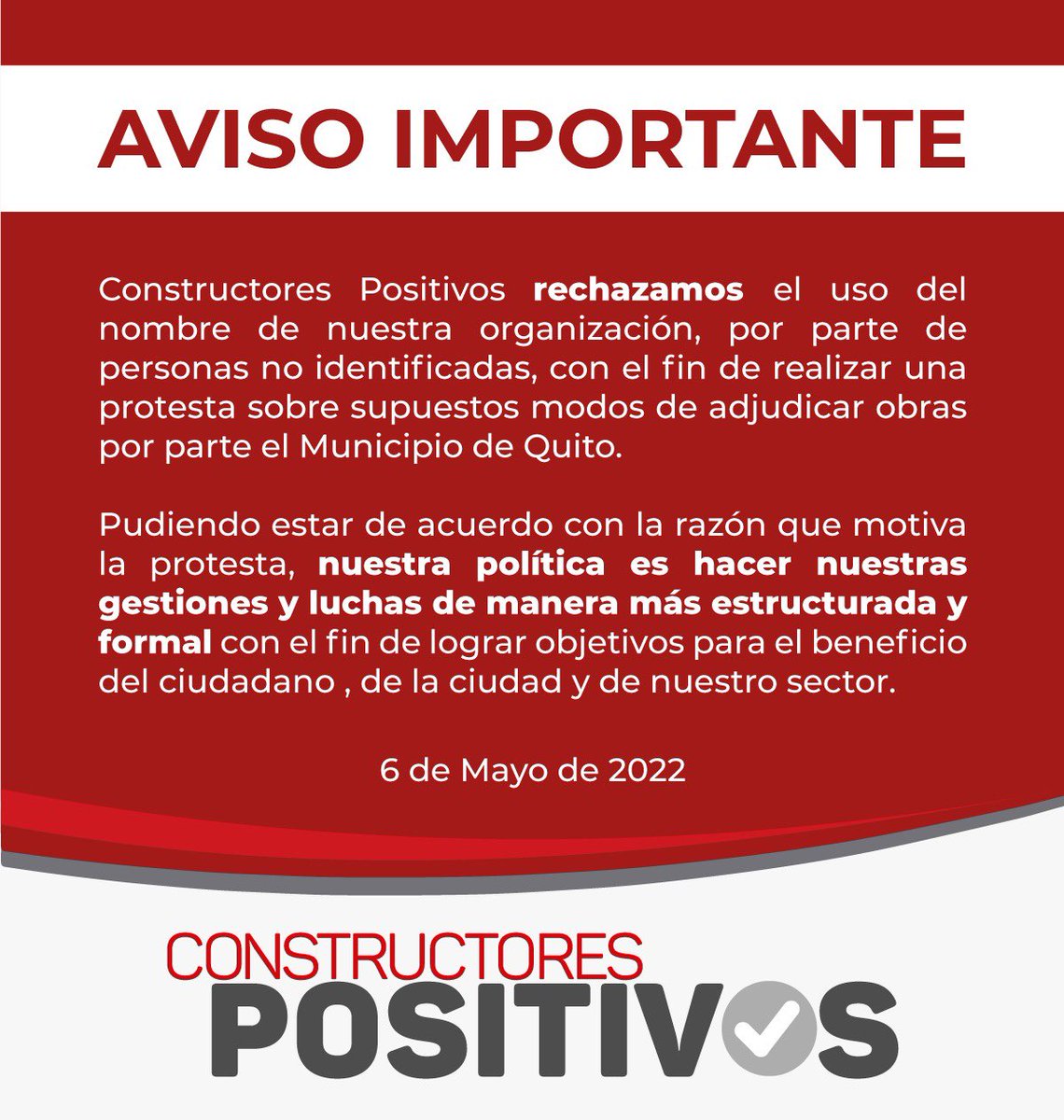 Construpositivo's tweet photo. ‼️ Atención ‼️

Personas no identificadas están tomando nuestro nombre para convocar a una protesta. 

Informamos a la ciudadanía que dicha información es FALSA y no corresponde a una acción generada por nuestro colectivo. https://t.co/i8PfWeW0LU