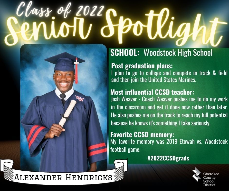 CherokeeSchools's tweet photo. CCSD's "Student of the Day" is announced on WLJA 101.1 FM at 7:10 a.m. and 5:10 p.m. each school day, and we highlight these outstanding students here, too. For the month of May, we'll be featuring Class of 2022 graduating seniors! #CCSDfam #2022CCSDgrads https://t.co/sW7oqpks5A