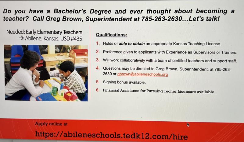 AbileneSchools's tweet photo. Let’s Be a Teacher!!!
If you have a bachelors degree and would like to be an early elementary teacher there are opportunities!   Apply at https://t.co/V7XjaFkNS8 or the district website and click o[...]
https://t.co/d5uNvMvQFl https://t.co/B2nYeqwgKD