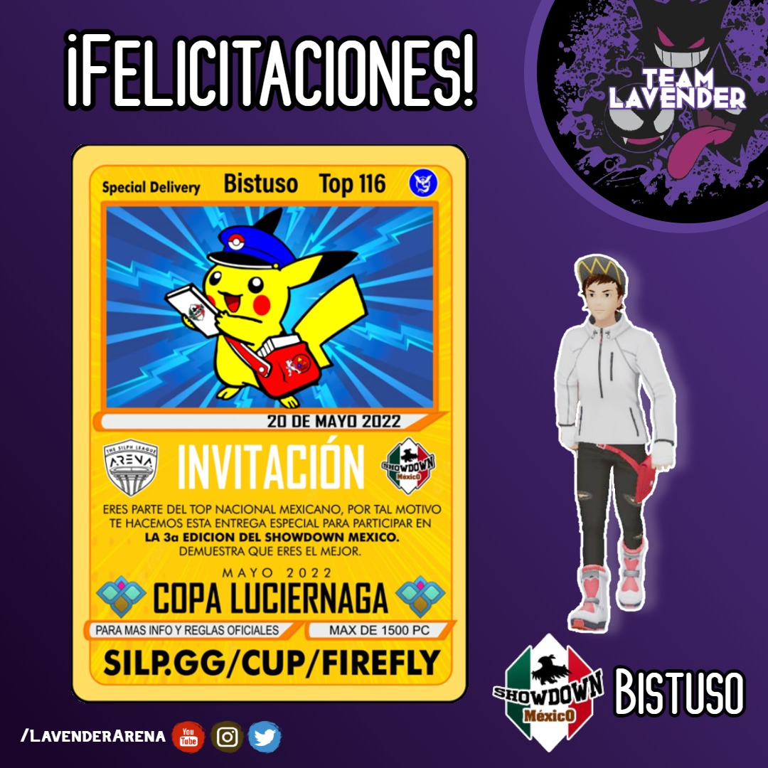ArenaLavender's tweet photo. Felicitaciones @elnouts 🥳👻

Deseamos muchos éxitos en su participación del @showdownmx del mes de mayo a nuestro integrante del Team Lavender, Bistuso. 
Todo un orgullo, a por todo 💪🏻!

#PokemonGO #ShowdownMx #silpharena https://t.co/hWx9gvGKYR
