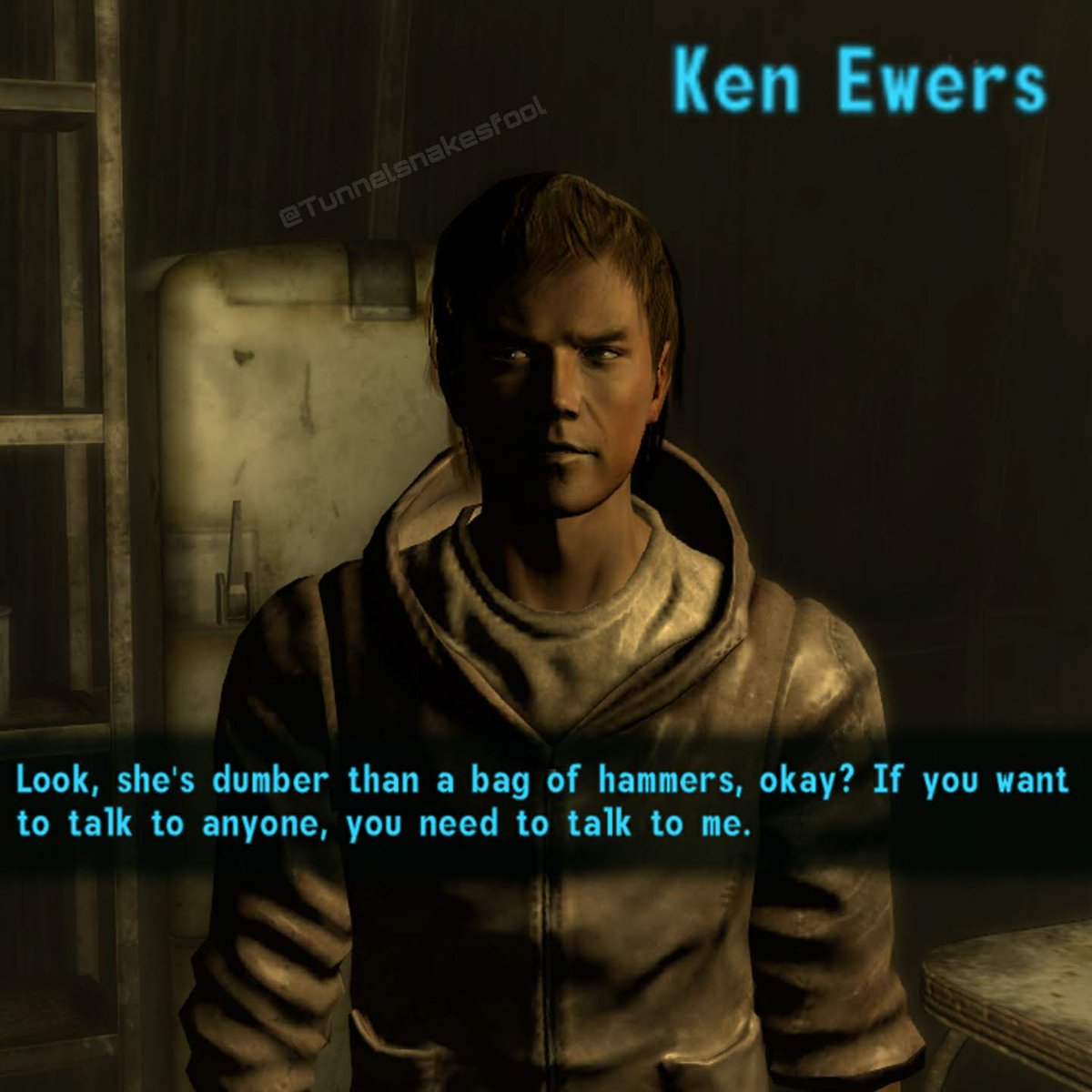 Tunnelsnakefool's tweet photo. #falloutquote of the day! Todays is a #fallout 3 line from a husband in Arefu. Tbh this is how I felt after finishing my finals yesterday.
#fallout3 #gamingmemes #gamedev #gamedevelopment https://t.co/8lILKzvyw5