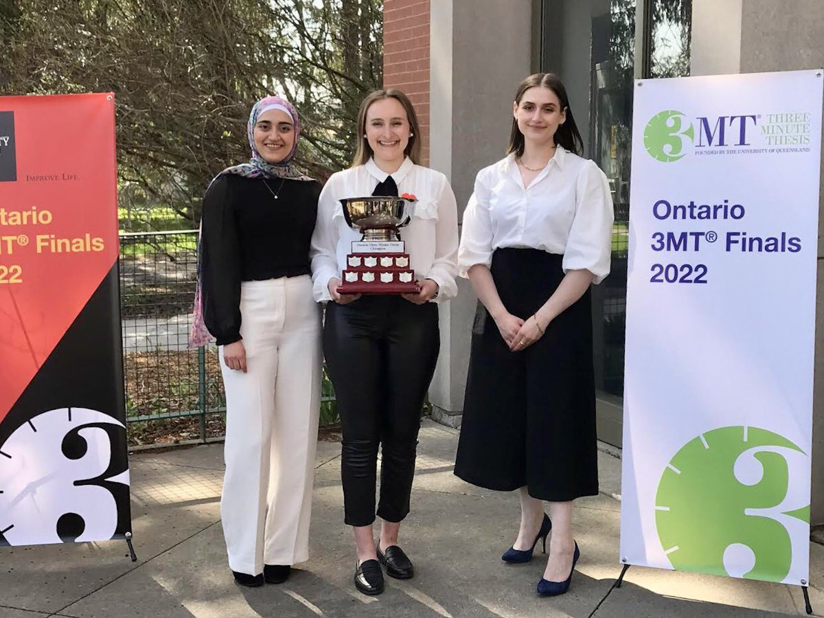 vanessaruscetta's tweet photo. Beyond grateful to have been awarded 2nd place at the Ontario Regional #3MT Finals! Big congratulations to Emmeline and Atefeh for winning 1st and 3rd 🏆 it was inspiring to see all women-led research from across the province! https://t.co/Kzg5wLrlJq