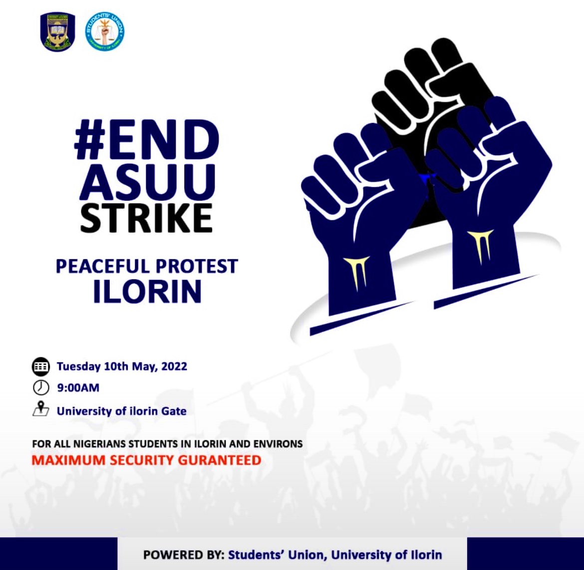 SolaOyewol6zx's tweet photo. University of Ilorin Students are set to protest against ASUU strike in Tuesday 10th May, 2022. The protest will commence by 9:am at Unilorin gate and maximum security is guaranteed.

#EndASUUStrike https://t.co/Qee7zdwhpp