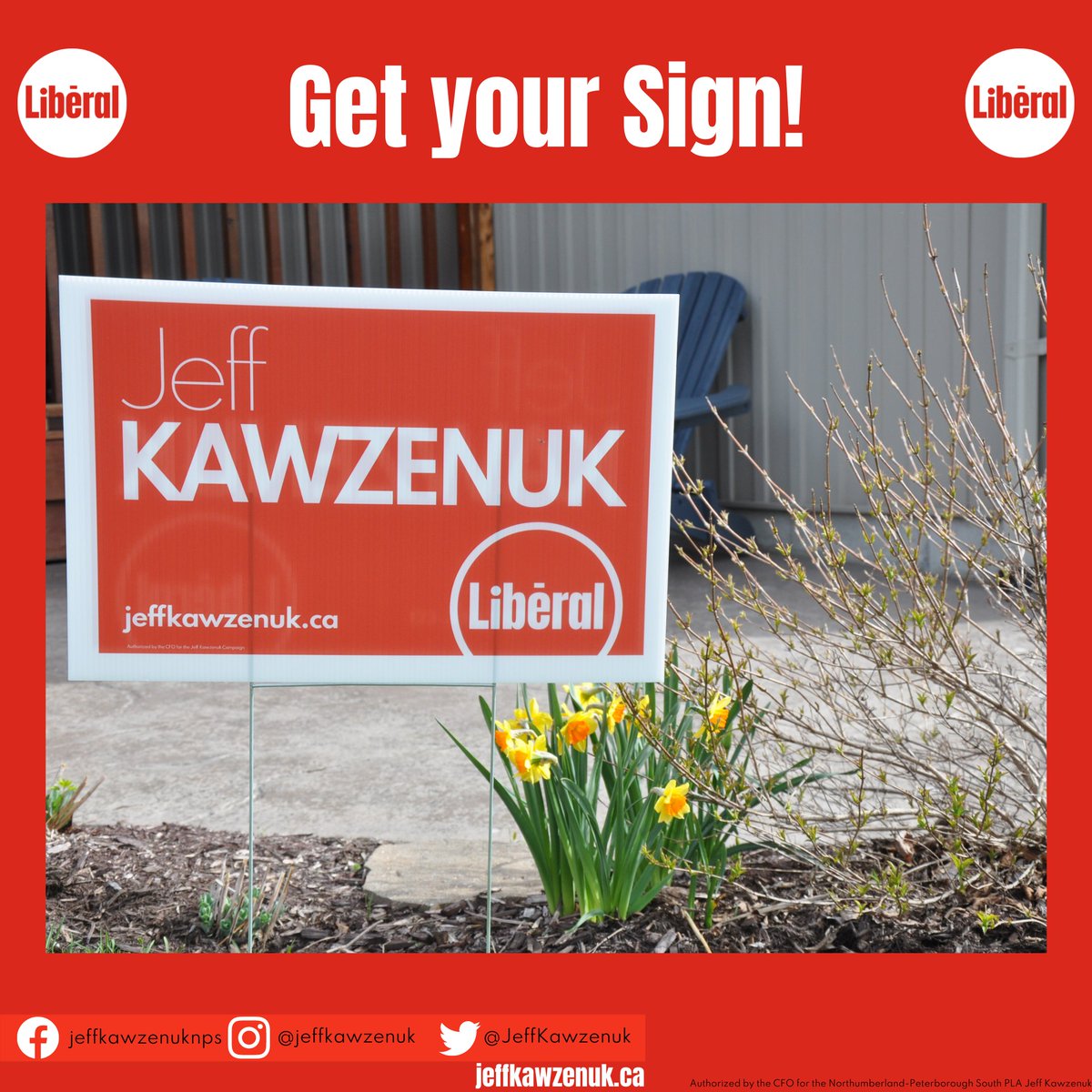 As flowers bloom, so too do Jeff Kawzenuk signs! If you haven't gotten a sign, be sure to get one! Send a private message and we will organize a set-up. If you already have one, please share this post!