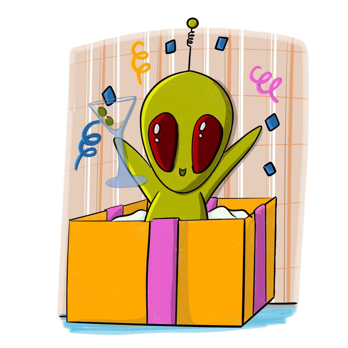 squashsquadnft's tweet photo. It’s my birthday!!! So I’m gonna party like my alien (with plenty of tasty drinks) #happybirthdaytome #NFTCommunity #nftart https://t.co/W4VljWBJDj