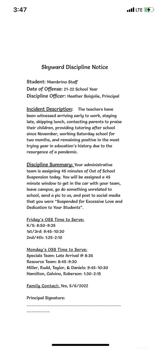 We assigned our teachers OUT OF SCHOOL SUSPENSION today for “excessive love and dedication to our students” to be served with another grade level off campus for 45 minutes at a location of their choice. 

These men and women are such a blessing. 💜 <a href="/granburyisd/">Granbury ISD</a> @HeatherBoisjol1