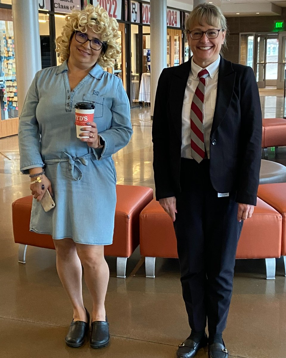 RegisJesuitHS's tweet photo. ICYMI: Ms. Wilson and Ms. Clock dressed up as Ms. Wuertz and Mr. Tricco respectively to celebrate Teacher Appreciation Week! We are grateful for all the wonderful educators both in the classrooms and in the offices for their dedication to our mission. #WithandforOthers #RJLife https://t.co/K52OFU2kYc