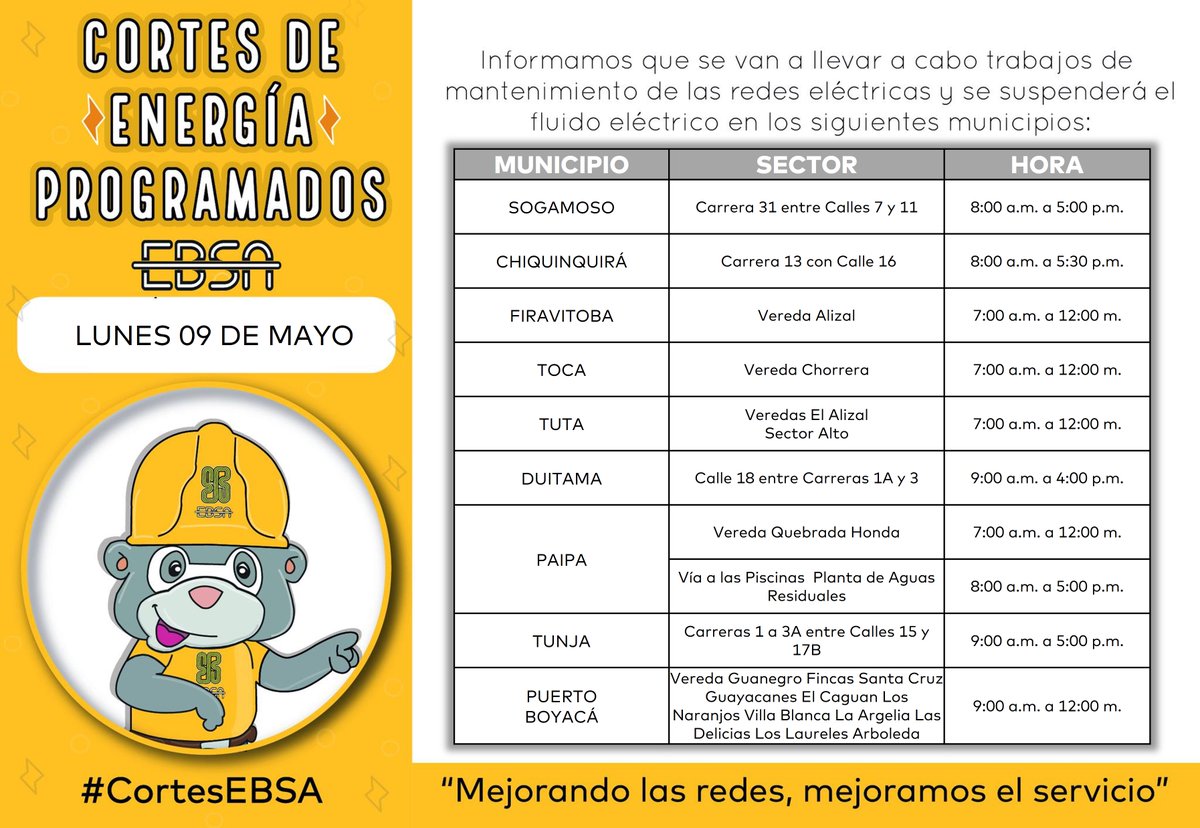 EBSApuraenergia's tweet photo. #CortesEBSA ǁ Entérate de las suspensiones programadas por mantenimiento e instalación de redes #Lunes 09 de Mayo prográmate 🔦Infórmate: https://t.co/lPmB4wfeNH https://t.co/5RFDQhxVex