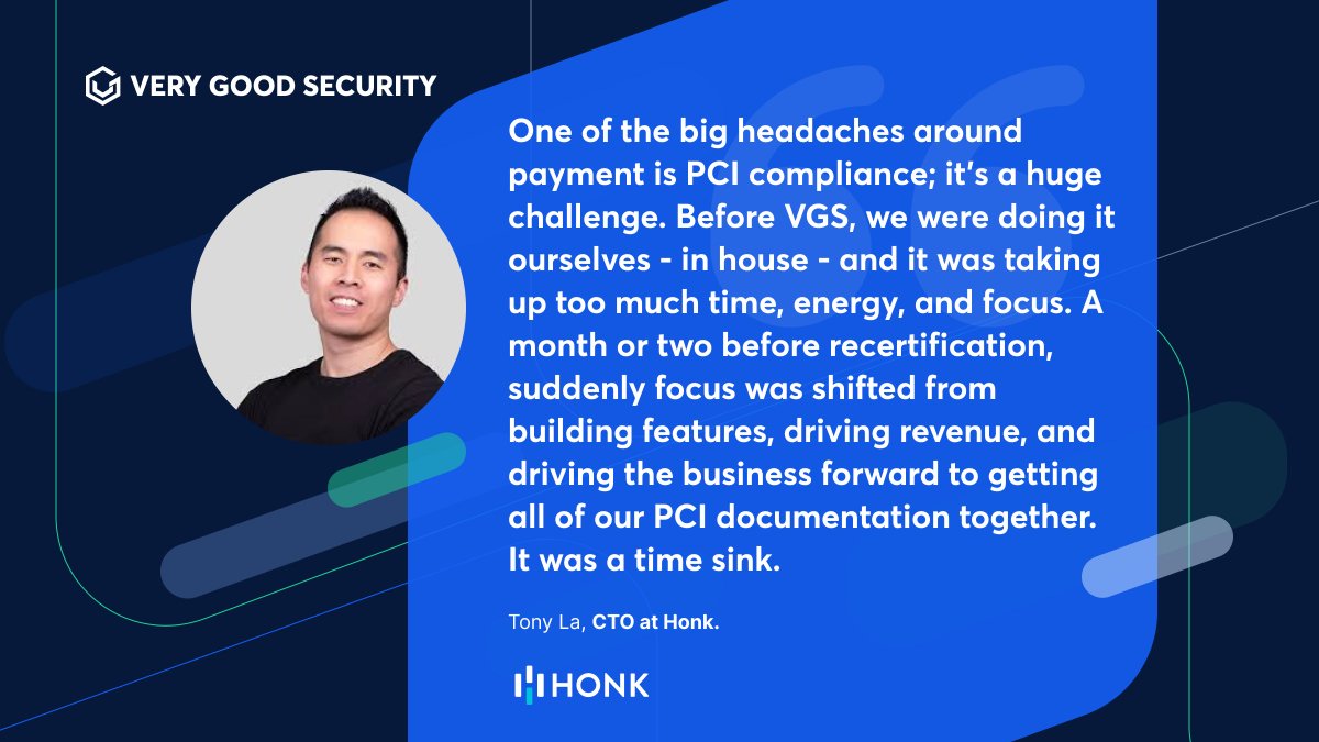 getVGS's tweet photo. The team at @HonkMobile needed to focus on building #software for safe, contactless #payments for parking. But as their company grew, so did their need to focus on #compliance.

Here's what HONK's CTO Tony La had to say about using VGS: https://t.co/aeyEM0Tisg https://t.co/JRyM6qeVra