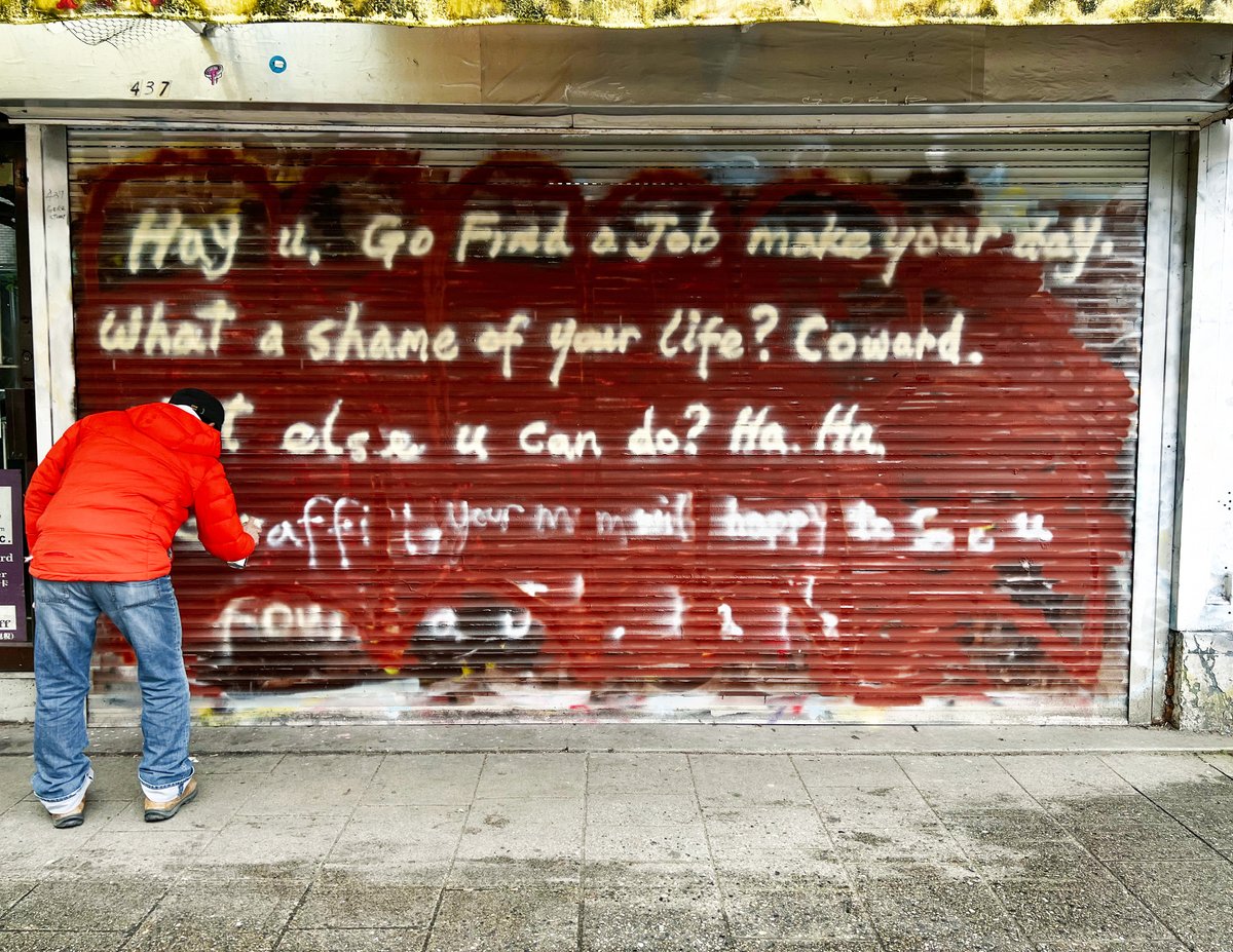 ShotsByFox's tweet photo. Graffiti that @cityofvancouver bylaws say he is responsible for removing. A shop owner on Gore Avenue returns the gesture, tagging his storefront with a message to the owners of the graffiti that greets him each morning. I get the frustration. #chinatownyvr #dtes #strathcona #yvr https://t.co/gg4vjye1Yl
