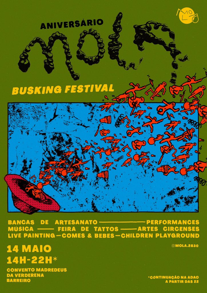 ANIVERSÁRIO DA MOLA
- BUSKING FESTIVAL

14 DE MAIO (SÁBADO) - 14H-23H
CONVENTO MADRE DE DEUS DA VERDERENA
BARREIRO - PORTUGAL

Depois das 23:00 movemos-nos para a ADAO, no Barreiro;

Dia em grande!
Apareçam!

+ info instagram.com/p/CdJn2ceMz-9/…