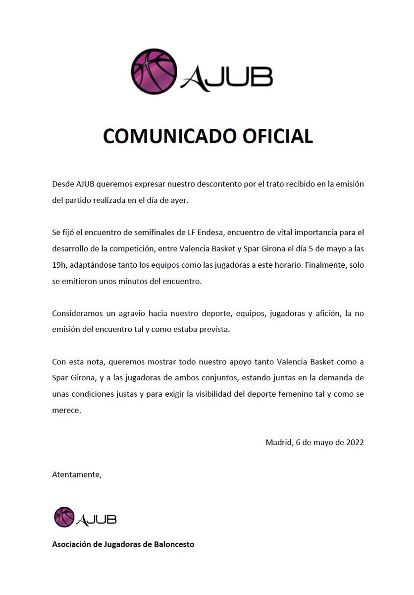 ⚠️COMUNICADO OFICIAL AJUB⚠️

Queremos expresar nuestro descontento por el trato recibido en la emisión del partido entre <a href="/valenciabasket/">Valencia Basket Club</a> - <a href="/unigirona/">Spar Girona</a>

Consideramos un agravio hacia nuestro deporte,equipos,jugadoras y afición,la no emisión del encuentro tal y como estaba prevista