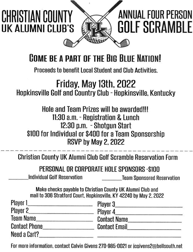 HopkinsvilleGCC's tweet photo. The second of our four outside tournaments at HCC will be the UK Alumni Scramble Friday, May 13th.  If you have not already done so, you still have until tomorrow to signup. https://t.co/gtd4hjII8R