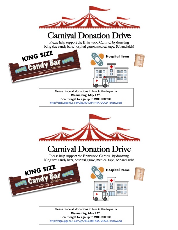 This weekend pick up some items to donate to the fun at the carnival! Drop off by Wednesday!  And sign up to help at signupgenius.com/go/9040b4fa4af…