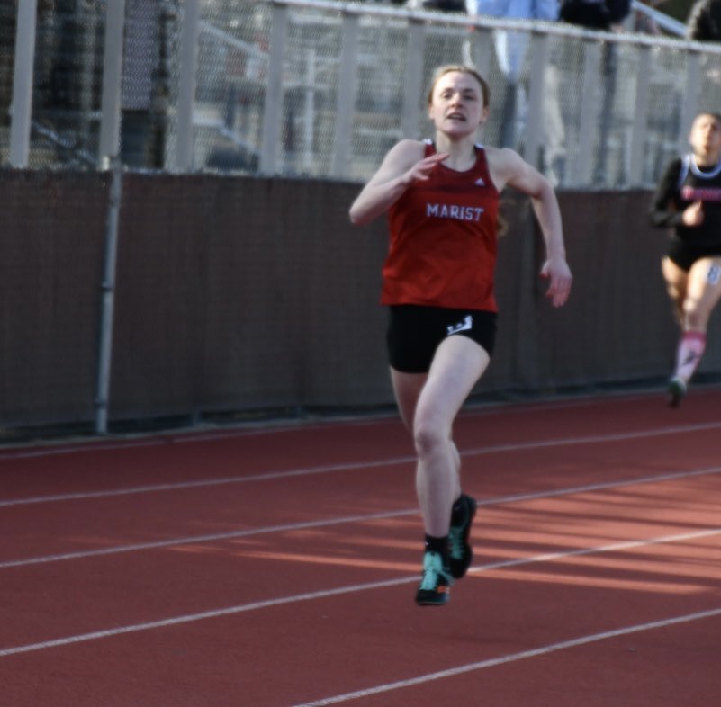 MaristTrack's tweet photo. School record of 10 years falls at conference in the 400 m.  Katie Tracey runs 60.81 to enter the RedHawks elite! https://t.co/vl2Gl0qxzM