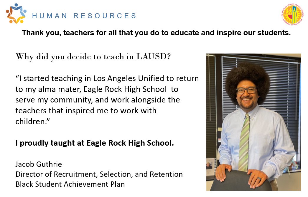 LAUSDHR's tweet photo. For Teacher Appreciation Week @LAUSDHR leadership is reflecting on why we chose to pursue a career in teaching. @LAUSDSup @LASchools @lausd_ldc @Jackie4LAkids @ERHighSchool
#TeachinLA #lausdhr #lausd #IBelieveinLAUSD #teachers #TeacherAppreciationWeek2022 https://t.co/l1JzXogPX5
