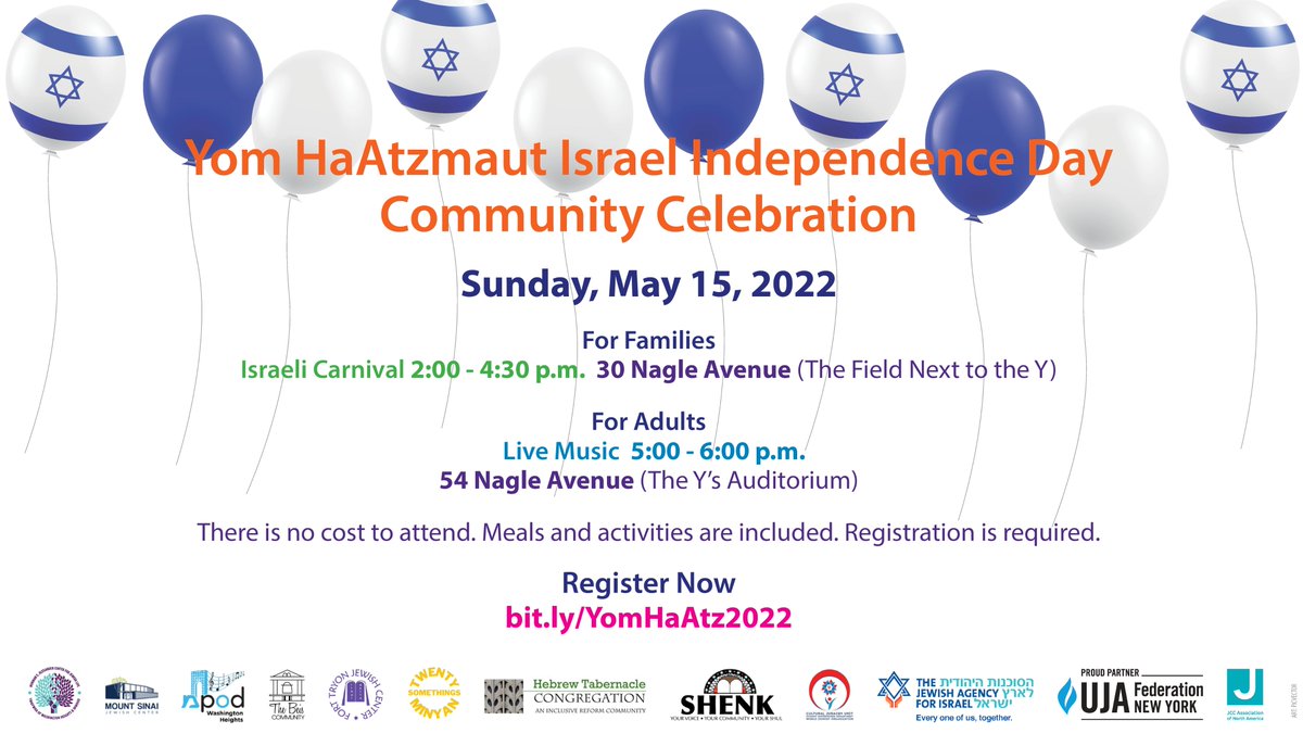 Come celebrate community with the Y's Yom HaAtzmaut Family Carnival (2-4:30) and Live Music (5:00-6:00)! 

We'll see you next Sunday, May 15. Register at bit.ly/YomHatz2022