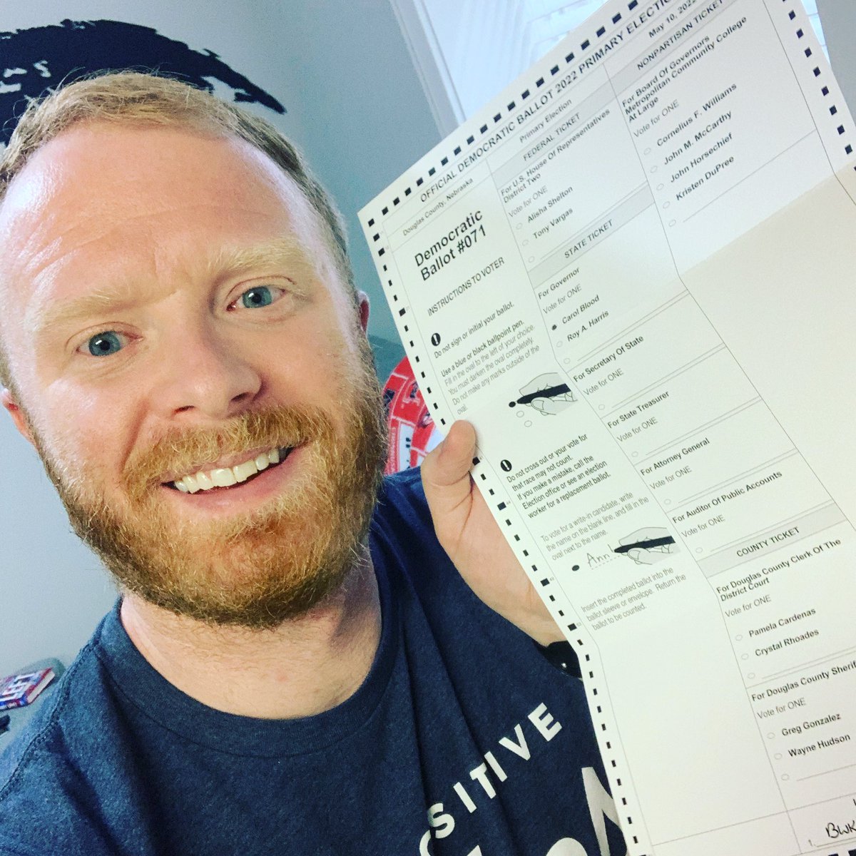 wesjensen86's tweet photo. Proud Democrat. Proud to vote for @Blood4G. #newblood #nebdem 

If voting by mail, drop it off at your county election office or drop off boxes. Otherwise, vote early at county election office on Monday or head to your polling place on Tuesday. #vote #PrimaryElection (1/3) https://t.co/douU9CnkMF
