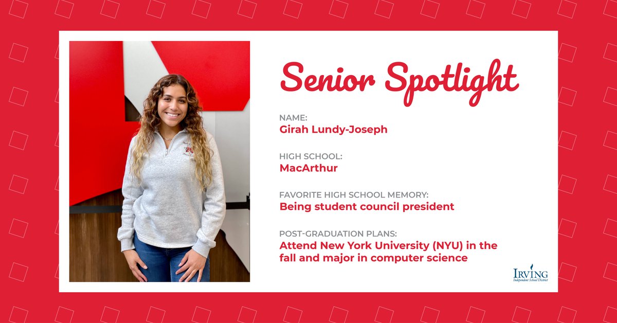 Irving ISD (@irvingisd) on Twitter photo Girah Lundy-Joseph was completely shocked 🤯 when she received her acceptance letter 📜 to <a href="/nyuniversity/">New York University</a> and financial aid scholarship 💰 in the amount of $74,000.
Read to learn more about <a href="/MacArthurCards/">MacArthur HS</a>' student council president ➡️sites.irvingisd.net/insider/2022/0…. Girah Lundy-Joseph was completely shocked 🤯 when she received her acceptance letter 📜 to <a href="/nyuniversity/">New York University</a> and financial aid scholarship 💰 in the amount of $74,000.
Read to learn more about <a href="/MacArthurCards/">MacArthur HS</a>' student council president ➡️sites.irvingisd.net/insider/2022/0….