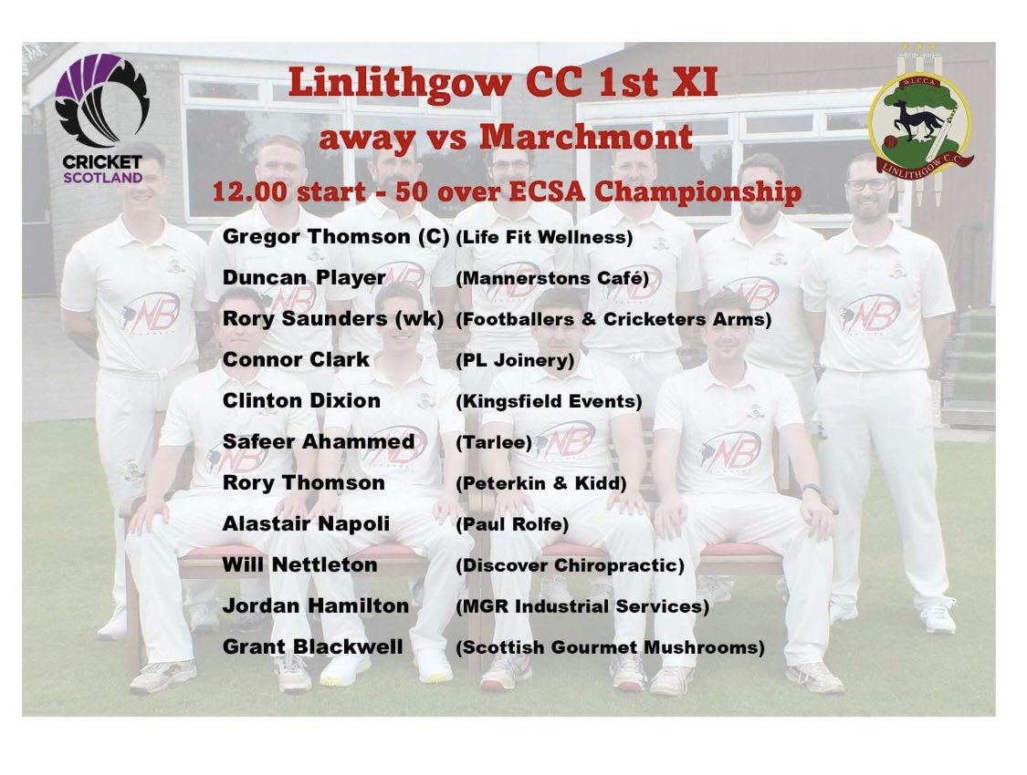 linlithgowcc's tweet photo. Saturdays teams
1st XI away vs @marchmontcc
12.00 start @ Cavalry Park
ESCA Championship
2nd XI home vs @CarltonCricket 4s
13.00 start @ The BCG
ESCA Division 4
Bar open from 13.00 (or earlier if youβre really keen)
#linlithgowcc #bcg #monthetree https://t.co/2YXYh9gT0H