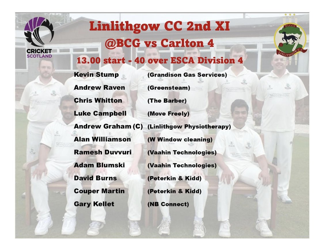 linlithgowcc's tweet photo. Saturdays teams
1st XI away vs @marchmontcc
12.00 start @ Cavalry Park
ESCA Championship
2nd XI home vs @CarltonCricket 4s
13.00 start @ The BCG
ESCA Division 4
Bar open from 13.00 (or earlier if youβre really keen)
#linlithgowcc #bcg #monthetree https://t.co/2YXYh9gT0H