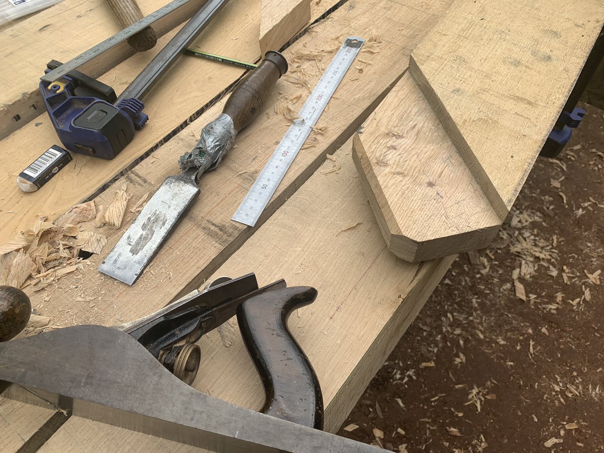 Days 4 &amp; 5. Plumb line scribing of the frame braces, sawing, chiselling, planing of the tenons. Mortises cut, peg holes drilled. Frame podged back together with braces. Cracking week. <a href="/hewnwood/">Hewnwood</a> #bespoke #woodworking #BrainWorkout