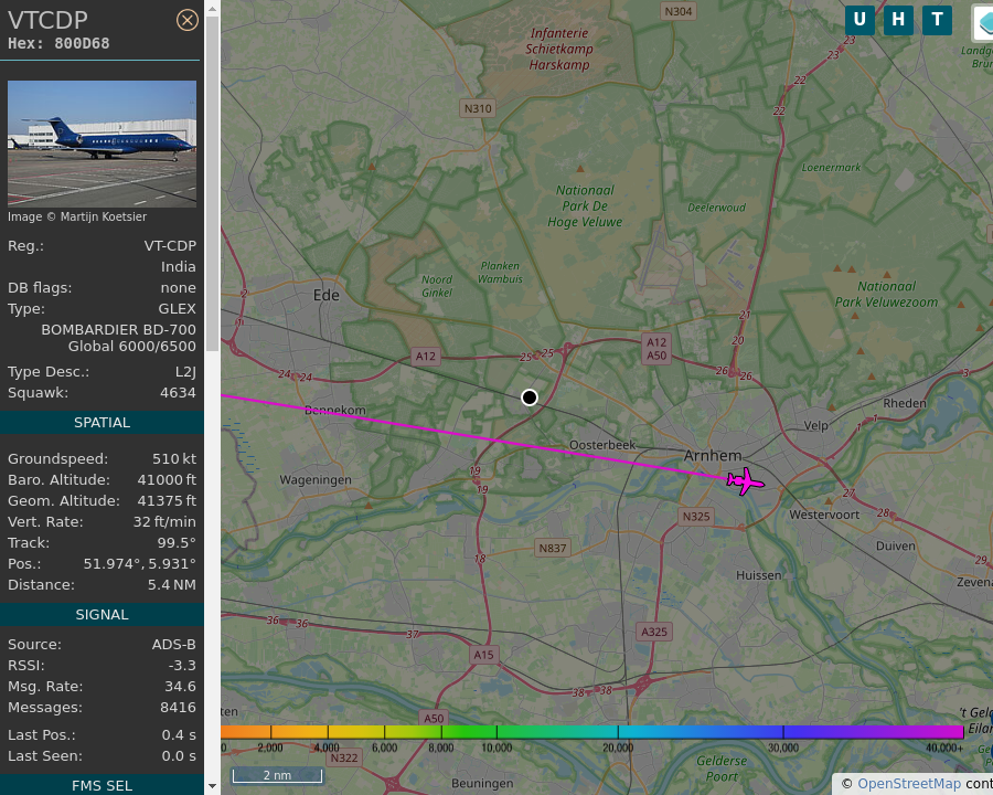 FWolfheze's tweet image. #VTCDP VT-CDP BOMBARDIER BD-700 Global 6000/6500 of Poonawalla Aviation P/L is 2.0 km from radar, altitude 41000ft heading E @ 1047.1km/h at 21:14:17 UTC | globe.adsbexchange.com/?icao=800D68 | radarwolfheze.nl #adsb #AvGeek