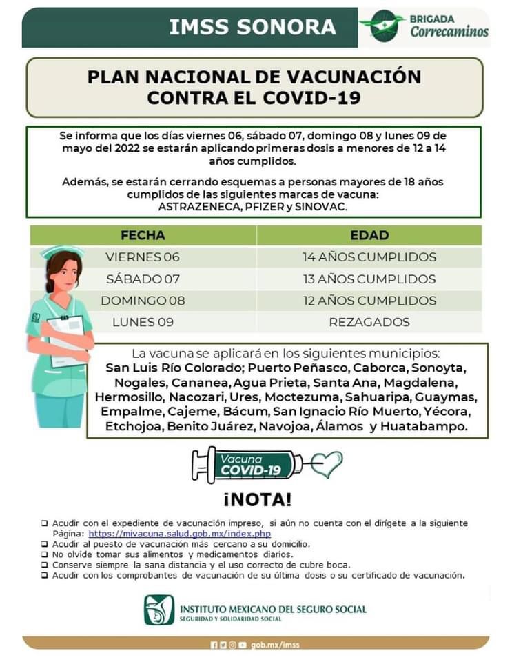 SECSonora's tweet photo. 🔊AVISO IMPORTANTE 📌

Se les informa que los días viernes 06, sábado 07, domingo 08 y lunes 09 de mayo del 2022, se estará aplicando primeras dosis a menores de 12 a 14 años cumplidos. @IMSSSONORA https://t.co/n32q3DLgaa