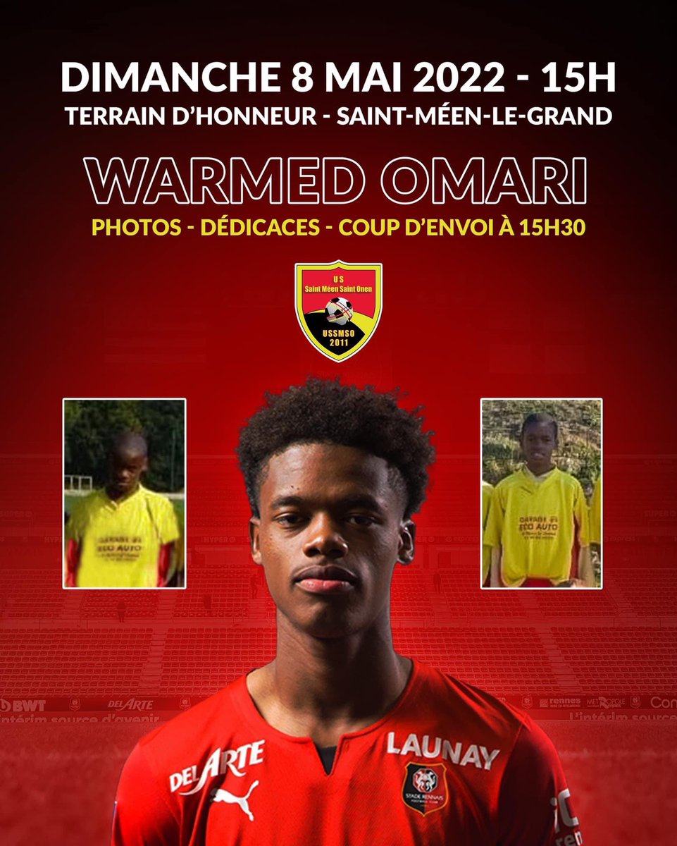 ussmso's tweet image. Passé par l'école de foot de l’USSMSO en U11 et U13, Warmed Omari sera présent ce dimanche 8 mai à partir de 15h au terrain d’honneur de Saint-Méen-le-grand pour rencontrer nos supporters, au programme, photos et dédicaces.

Il donnera ensuite le coup d’envoi du match 
🔴🟡