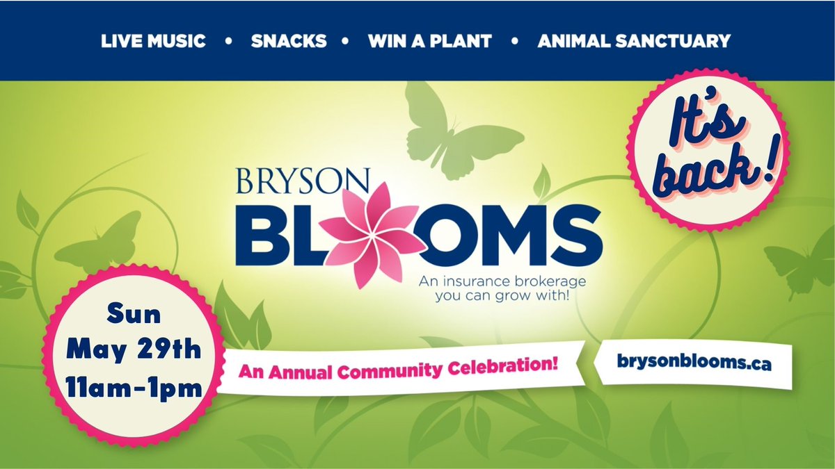 Bryson Blooms is back! You don't want to miss this fun community event located in the heart of Brooklin. We hope to see you there!

#BrysonInsurance #CommunityEventDurham #Ajax #Brooklin #Cobourg #Insurance #BrysonBlooms
