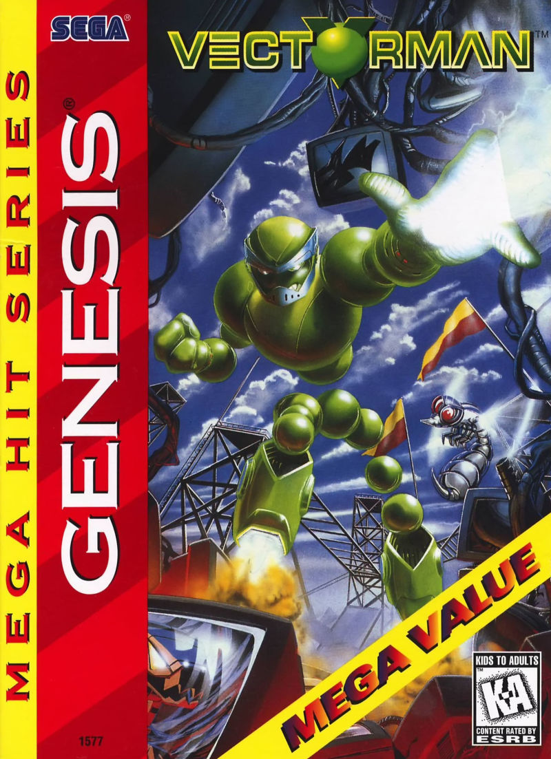 rdbaaa's tweet photo. vectorman is the only sega character to clumsily knock over the genesis letters on the box. he was later reprimanded https://t.co/iq49cjEgMO