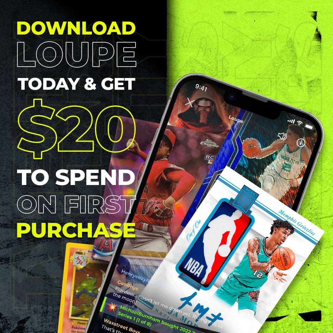 SteveMullen01's tweet photo. If you're a card collector or know one, @LoupeTheApp is doing a special promo for new users right now. If you use this link on mobile https://t.co/UwXMG7WtJF to download our app, you'll receive $20 in the app to use on your first purchase! #TradingCards https://t.co/2N3u9WjRzh