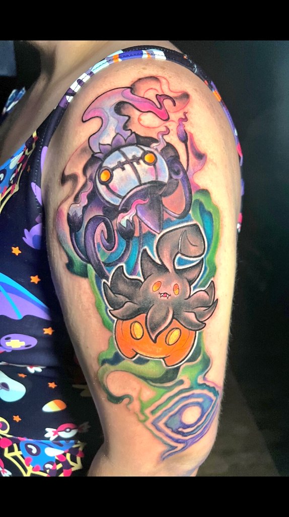 drawnbydemi's tweet photo. Got a massive tattoo yesterday to honor my two favorite things. Ghost pokemon and @spiritboxband 

@corklezlaplante @ZevRoseDrums https://t.co/rwkLelEZ17