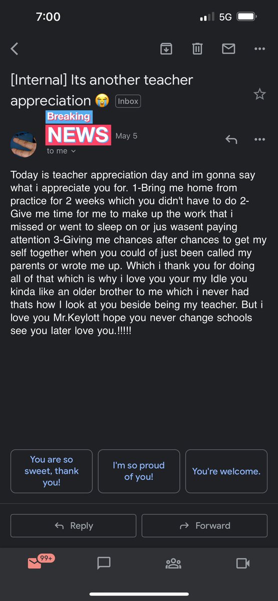 my student bugged me for 5 minutes nonstop to open his email, I checked it out and this is what I see #HappyTeacherAppreciationWeek