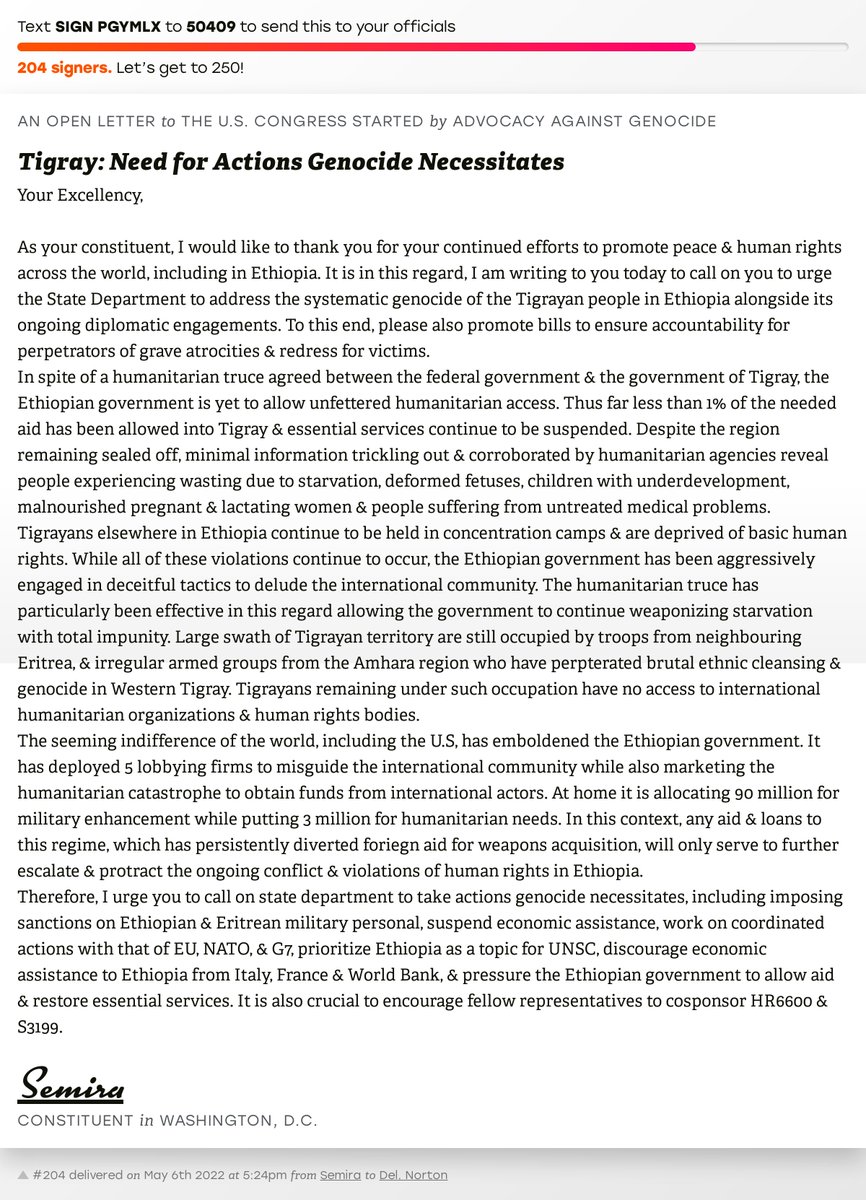 openletterbot's tweet photo. 🖋 Sign “Tigray: Need for Actions Genocide Necessitates” and I’ll deliver a copy to your officials: https://t.co/uP78fp5Szb

📨 No. 204 is from Semira to @EleanorNorton #DCAL #dcision20 #TigrayGenocide #HR6600 https://t.co/S69AAwrujR