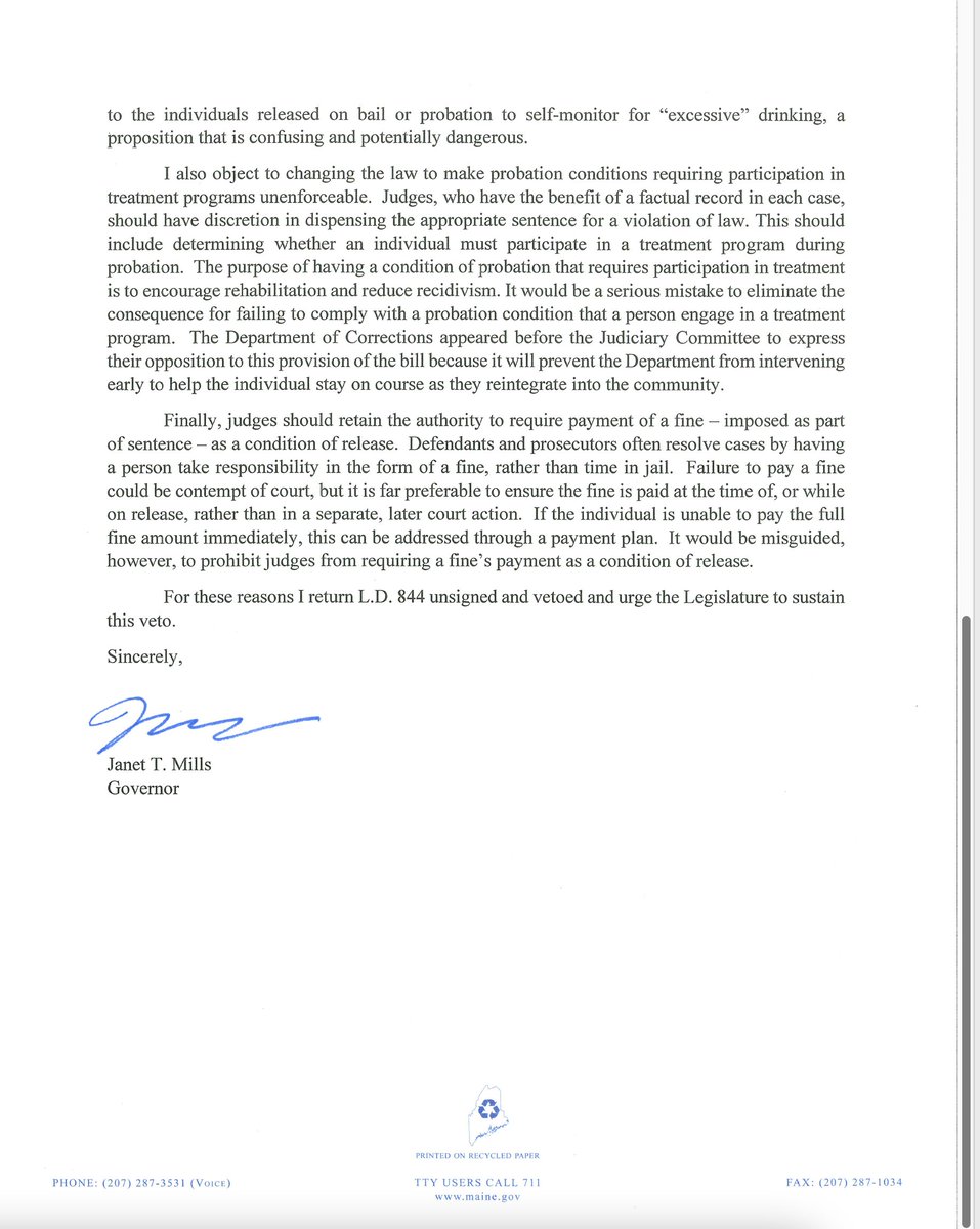TinaHeat23's tweet photo. Yet again, @GovJanetMills has vetoed a criminal justice bill w the broadest coalition of support possible. LD 844 would have restricted the authority of the courts to impose onerous &amp; coercive conditions of release for probation &amp; bail. Now it's all but dead. #mepolitics https://t.co/XCQ1tgQR21